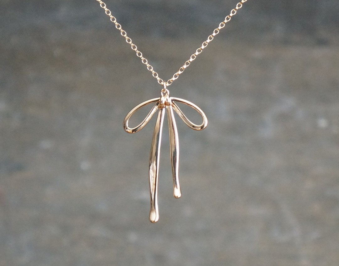 Gold Bow Necklace rolo Chain Version Gold Ribbon Pendant on a 14k Gold ...