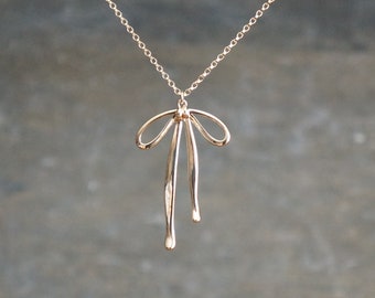 Gold Bow Necklace (Rolo Chain Version) • Gold Ribbon Pendant on a 14k Gold Filled Chain • Long Flowing Bow Necklace