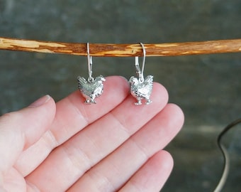 Leverback Chicken Earrings // Fluffy Hens on Hypoallergenic Sterling Silver Lever backs, Fun Costume Jewelry, Gift for Her