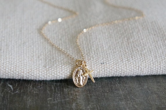 Mini Mother Mary and Cross Necklace // Our Lady Pendant & Tiny Cross on a 14k Gold Filled Chain • Religious Medallion Protection Necklace