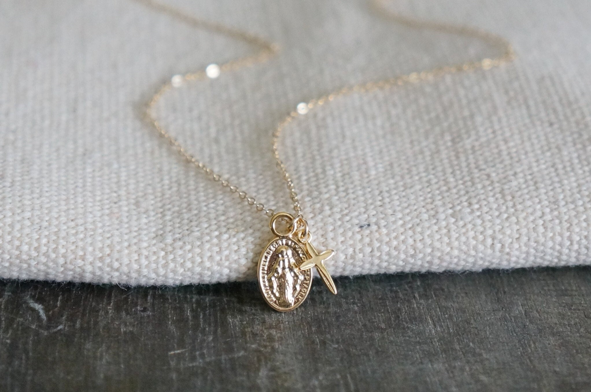 SELENICHAST Cross Necklace 18K Gold Plated Grace Virgin Mary Necklace
