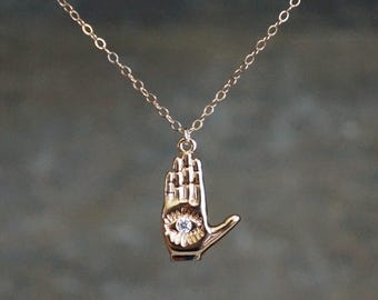 Eye in Palm Necklace // Gold CZ Eye in Hand Pendant on a 14k Gold Filled Chain, Good Luck Charm Necklace, Lucky Talisman Jewelry