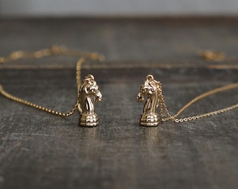 Tiny Knight Necklace // Mini Gold Chess Piece Pendant on a 14k Gold Filled Chain, Horses Head Charm Necklace, Cable Chain or Rolo Chain