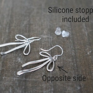 Silver Bow Earrings // Silver Ribbon Bows on Sterling Silver Earwires Long Dangle Earrings for Sensitive Skin image 3