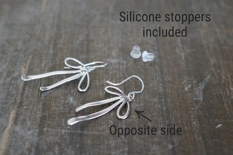 Silver Bow Earrings // Silver Ribbon Bows on Sterling Silver Earwires Long Dangle Earrings for Sensitive Skin image 3