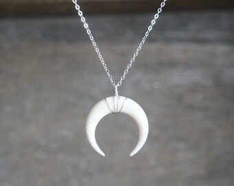 White Double Horn Necklace // Carved Bone Crescent on a Sterling Silver Chain • Ox Bone Pendant Necklace • Lunar Jewelry • Goddess Necklace