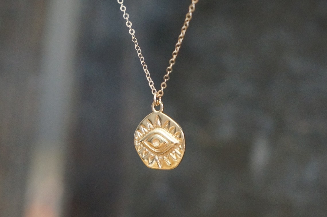 Evil Eye Medallion Necklace / Gold Eye Coin Pendant on a 14k Etsy