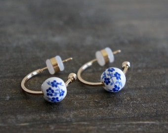 Blue & White Ceramic Bead Earrings // Floral Glass Beads on a Gold Half-Hoops