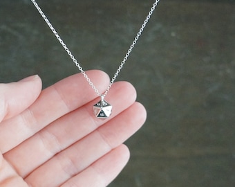 Silver D20 Dice Necklace // Mini 20-sided Die Pendant on a Sterling Silver Chain • Icosahedron Dice Necklace