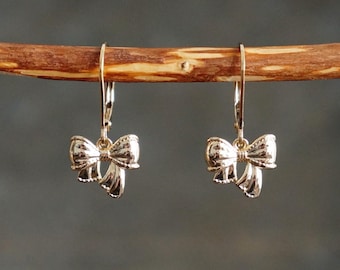 Leverback Bow Earrings // Ribbon Bows on Hypoallergenic 14k Gold Filled Lever backs, Feminine Jewelry, Gift for Her