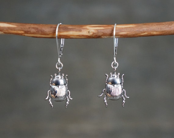 Silver Scarab Leverback Earrings, Realistic 3D Beetles on Hypoallergenic Sterling Silver Lever Backs, Golden Insect Earrings, Bug Jewelry