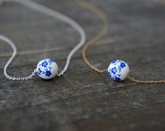 Blue & White Ceramic Bead // Floral Glass Bead on a 14k Gold Filled or Sterling Silver Chain // Dainty Feminine Jewelry