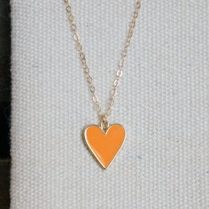 Orange Heart Necklace // Orange Enamel Heart Pendant on a 14k Gold Filled Chain • Orange Love Heart Charm Necklace