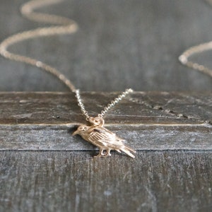 Tiny Golden Crow Necklace // Mini Raven Pendant on a 14k Gold Filled Chain • Dainty Corvid Necklace • Bronze Rook Jewelry • Poe Fan