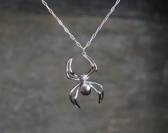 Spider Necklace // Silver Black Widow Spider on Sterling Silver Chain • Arachnid Jewelry • Bug Necklace • Insect Jewelry
