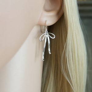 Silver Bow Earrings // Silver Ribbon Bows on Sterling Silver Earwires Long Dangle Earrings for Sensitive Skin image 2