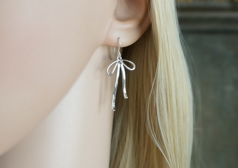 Silver Bow Earrings // Silver Ribbon Bows on Sterling Silver Earwires Long Dangle Earrings for Sensitive Skin image 2