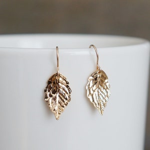 Dainty Gold Leaf Earrings // Realistic Leaves on Hypoallergenic 14k Gold Filled Earwires • Curved Leaf Drop Earrings • Nature Jewelry