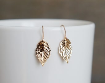 Dainty Gold Leaf Earrings // Realistic Leaves on Hypoallergenic 14k Gold Filled Earwires • Curved Leaf Drop Earrings • Nature Jewelry