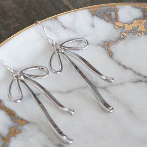 Silver Bow Earrings // Silver Ribbon Bows on Sterling Silver Earwires Long Dangle Earrings for Sensitive Skin image 8