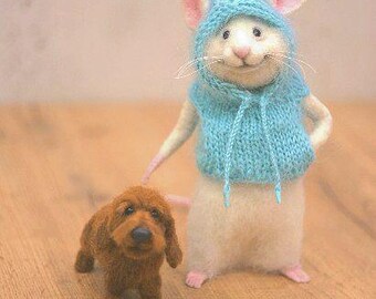 Needle Felted Mouse with Little Dog Sculpture, Felted Animal Figurine, Cute Mouse in Blue Knit Hood, Miniature Dachshund / Puppy, Animal