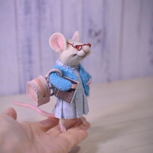Sculpture mouse with glasses Collectible figurine mouse and backpack Figurine mouse and book Sculpture mouse and coffee Gift for student