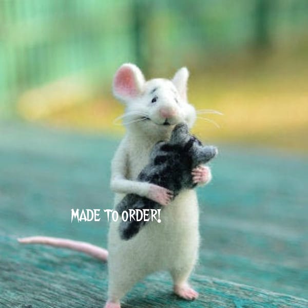 Made to order Sculpture mouse White mouse Collectible mouse and kitty Mouse animal Figurine kitten animal Gift for him Gift for Birthday