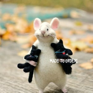 MADE TO ORDER! Rat and kittens, Cute kitten, Cute rat, Felted rat, White rat, Black kittens, Doll kittens, Rat with fingers, Needle felt rat