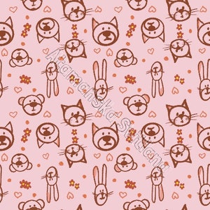 Nahtloses Muster, Waldtiere, Kaninchen, Katze, Bär, Herzen, Blumen, Kinderzeichnung, skandinavischer Stil, Kinderillustration