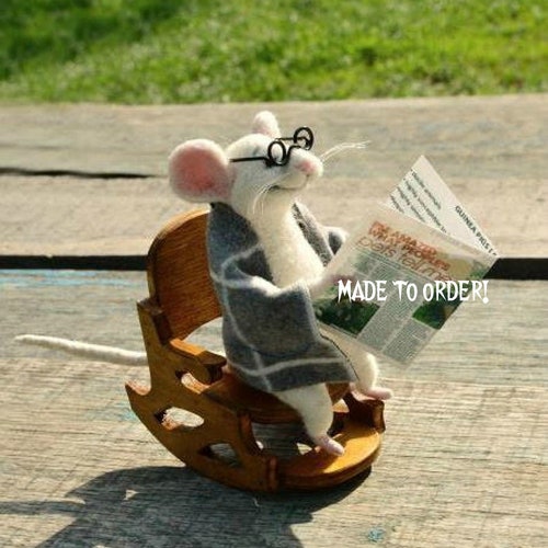 Made to order Sculpture mouse outlet in armchair Figurine mouse with glasses Sculpture mouse and newspaper Collectible white mouse Gift Birthday