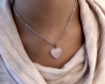 Rose Quartz Necklace, Heart Rose Quartz Necklace, Healing Stone Necklace, Crystal Healing Necklace, Mothers Day, Bridesmaid Necklace