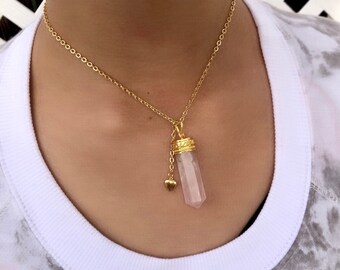 Rose Quartz Necklace, Heart Rose Quartz Necklace, Healing Stone Necklace, Crystal Healing Necklace, Valentine’s Day Gift, Heart Necklace,