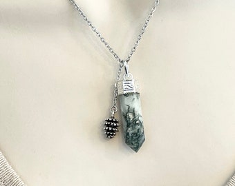 Tree Agate Necklace, Agate Necklace, Tree Agate, Healing Crystal Necklace, Healing Stone Necklace, Pine Cone Jewelry, Green Agate Necklace