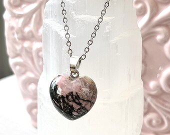 Rhodonite Necklace, Heart Necklace, Gemstone Jewelry, Valentines Day Gift, Crystal Necklace, Metaphysical Gift, Gemstone Jewelry