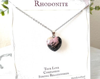 Rhodonite Necklace, Heart Necklace, Gemstone Jewelry, Valentines Day Gift, Crystal Necklace, Metaphysical Gift, Gemstone Jewelry
