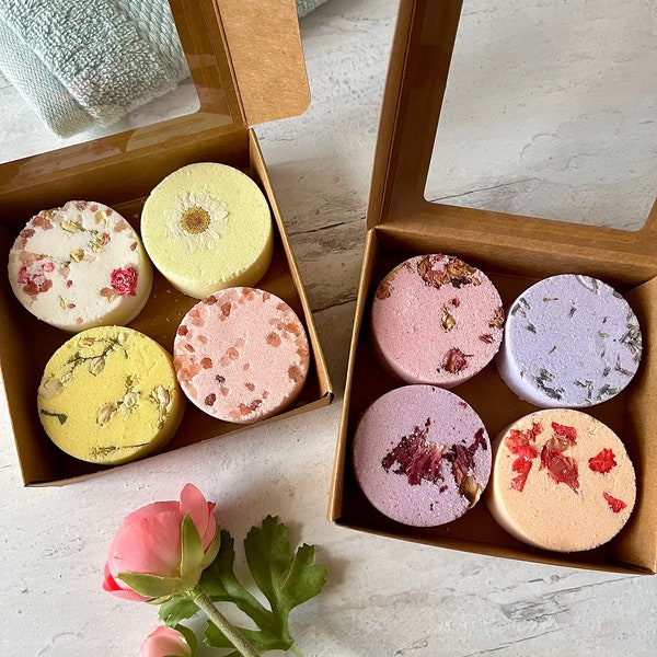 Botanical 2 oz Bath Bombs Set of 4 - Pampering Spa Shower Steamers - Aromatherapy Cocoa Butter Spa Bath Gift - Spa Lover - Spring Gift Set