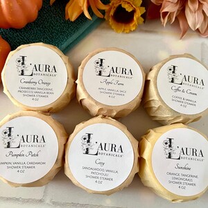 May include: Six round shower steamers wrapped in tan paper, each with a white label reading Laura Botanicals. Scents include Cranberry Orange, Apple Farm, Coffee & Cream, Pumpkin Patch, Cozy, and Sunshine. Each label specifies a 4 oz weight.