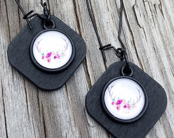 Black dangle earrings with floral deer antler glass cabochon and black wood accent .. bucks & flowers .. antler flowers