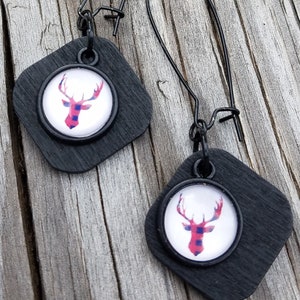 Black dangle earrings with red & black plaid deer head glass cabochon and black wood accent .. deer with antlers .. buck earrings