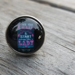 PIN with butterfly/clutch clasp  - "hide your crazy and start acting like a lady" snap accent - .. HAT PIN