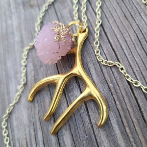 Layered necklace with deer silhouette pendant, antler charm and druzy crystal charm .. long necklace .. deer necklace .. antler necklace