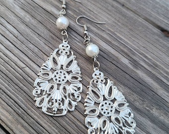 Teardrop filigree dangle earrings with pearl bead accent.. boho jewelry .. rustic country charm earrings .. country chic