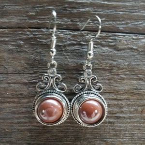 Dangle earrings with rhinestone & 12mm brown snap charm .. snap jewelry .. mama bear earrings
