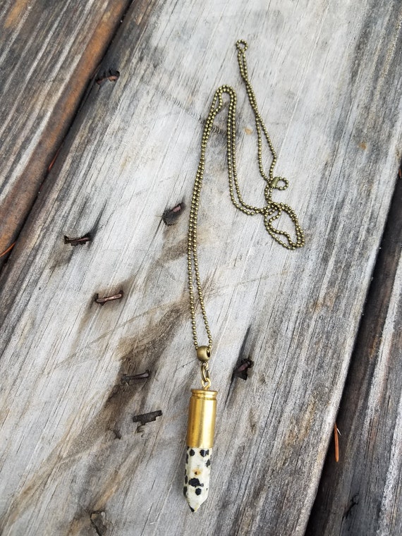 Ball and Chain Necklace With Shell Casing bullet Charm and Crystal