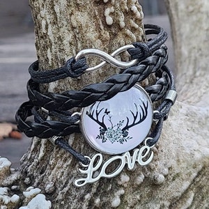 Cuff Bracelet - BLACK - LOVE word charms and floral antlers glass cabochon .. deer antler bracelet .. antlers and flowers
