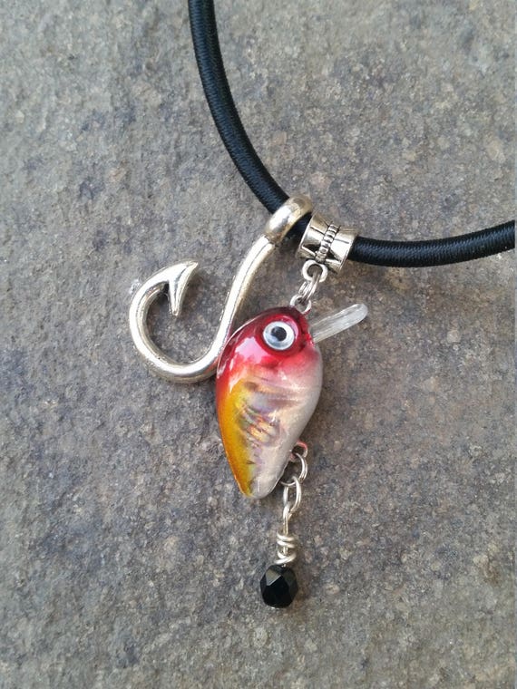 Fishing Lure Necklace With Fish Hook and Bead Accent.dark Red