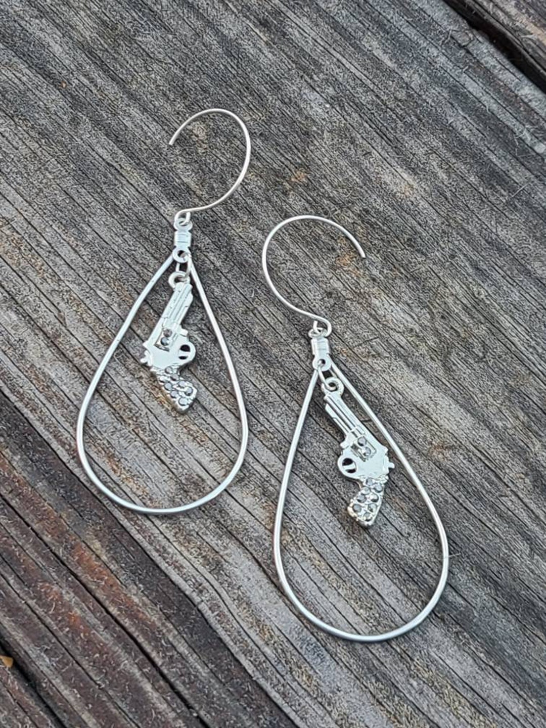 Dangle Teardrop Earrings Featuring Pistol Charm With Rhinestones