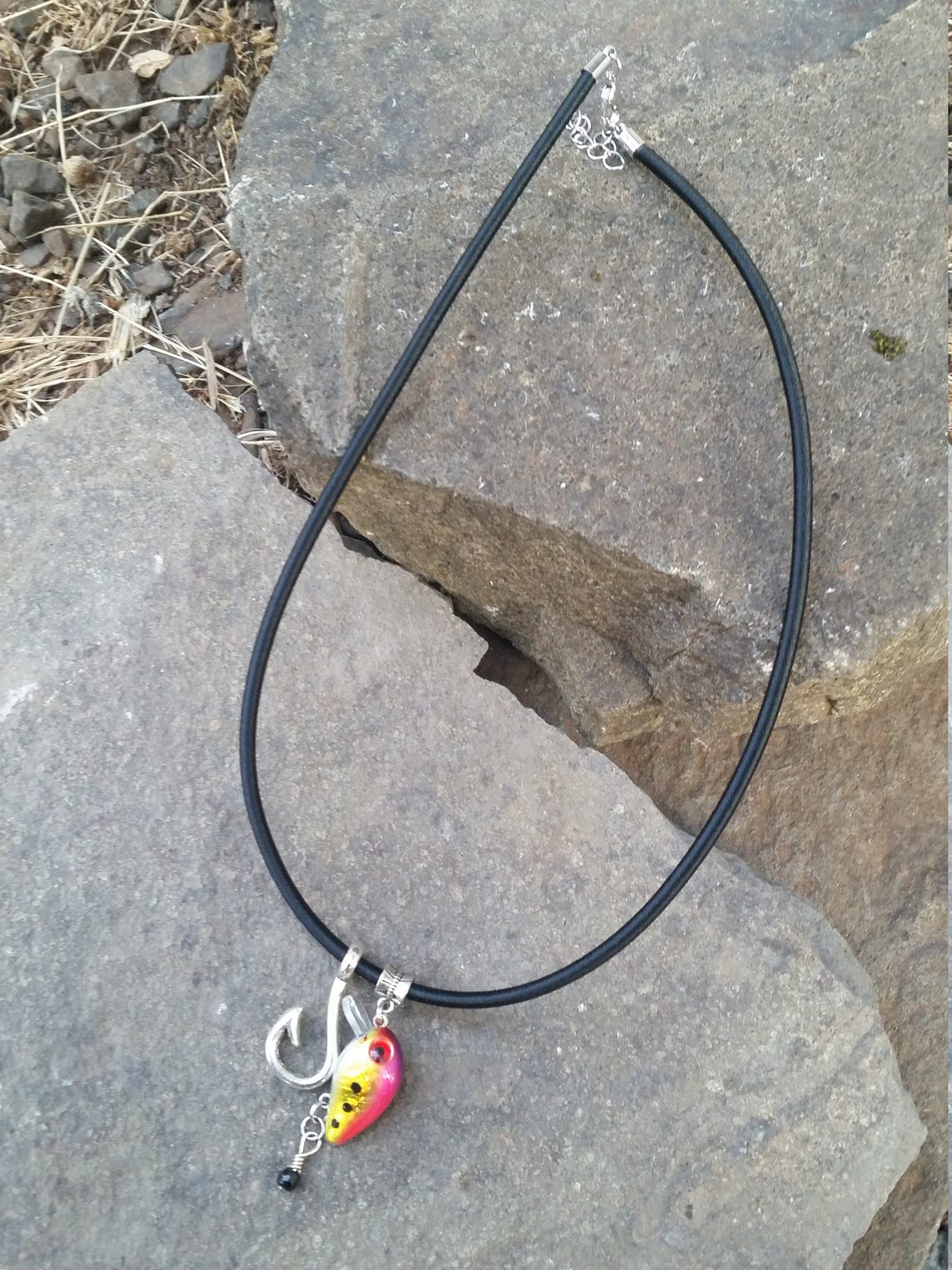 Fishing Lure Necklace With Fish Hook and Bead Accent....purple and Yellow With Black Dots