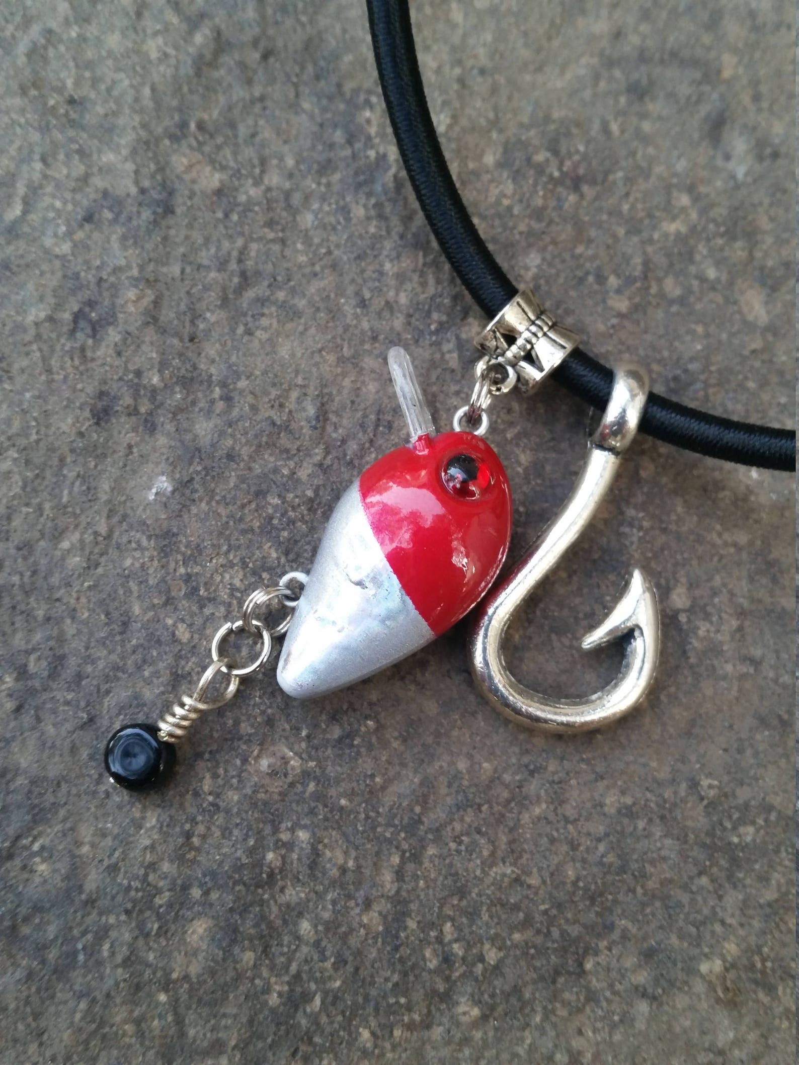 Fishing Lure Necklace With Fish Hook and Bead Accent....red and Silver