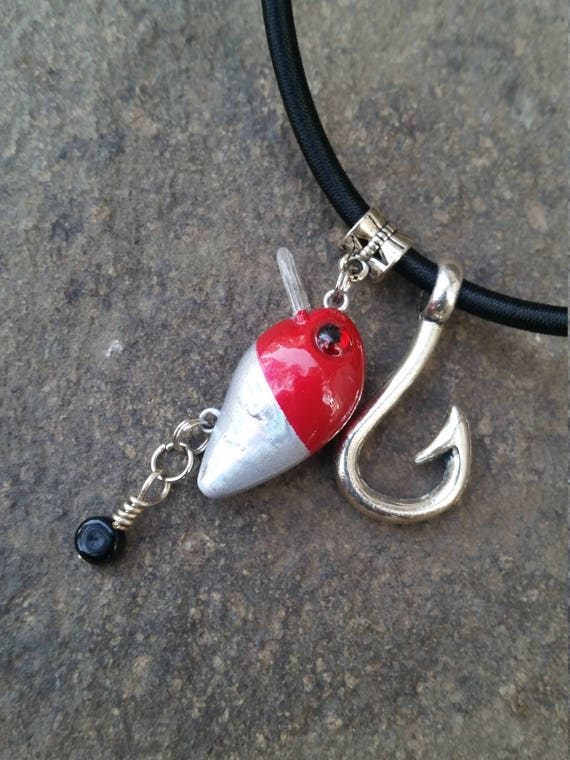 Fishing Lure Necklace With Fish Hook and Bead Accent.red and  Silver..fishing Lure Jewelry 